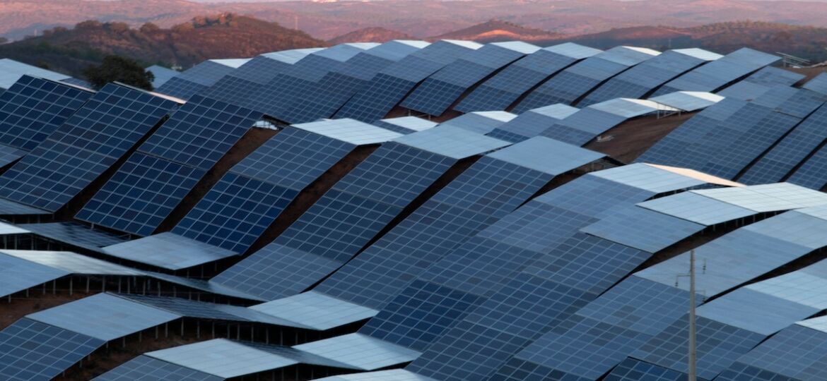 View of a field of modern ecologic solar panels.